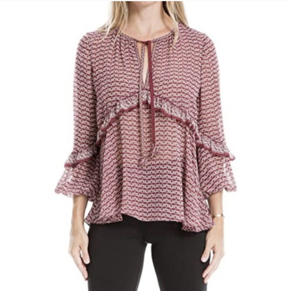 Max Studio Ruffled Balloon Sleeve Blouse - Size M/L - EUC  Burgundy Maroon Red